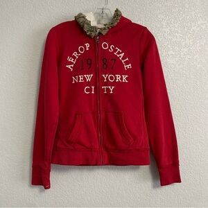 Y2K Aeropostale Hoodie Sweatshirt Womens M Full Zip Faux Fur Pockets Embroidered